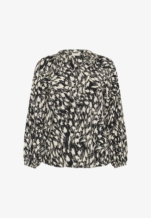 Long-sleeve black and white abstract patterned blouse with gathered neckline and elastic cuffs.