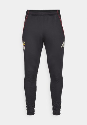 Schwarze Sporthosen mit roten Seitestreifen, mit einem Logo und drei Sternen auf der Vorderseite. Hergestellt aus einem weichen, dehnbaren Material.