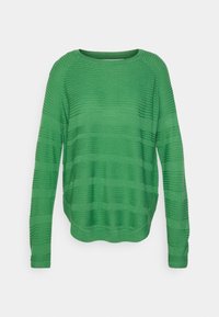 Grön stickad tröja med rundad halsringning, med horisontella ränder, långa ärmar och avslappnad passform. Tillverkad av mjukt, texturerat material.