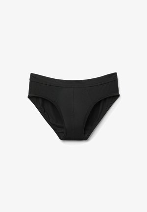 Czarne bawełniane stringi w bikini o gładkiej fakturze, elastycznym pasie i kontrastowym przeszyciu. Panel w kroku jest wzmocniony dla komfortu.