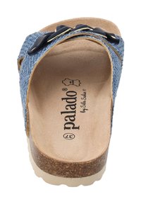 Sandalo a scivolo con motivo di denim blu e soles in sughero. Presenta un'accogliente fibbia e una superficie superiore testurizzata per una presa migliorata. Marca: Palado.