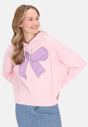 Helle pinke Kapuzenjacke mit einem großen lila Band-Design, gefertigt aus weichem Material mit einer entspannten Passform und geripptem Saum.