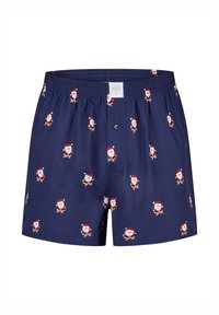 Námornícky modré boxerky s opakovaným vzorom kreslených Santov. Vyrobené z bavlny s elastickým pásom a zapínaním na jeden gombík.