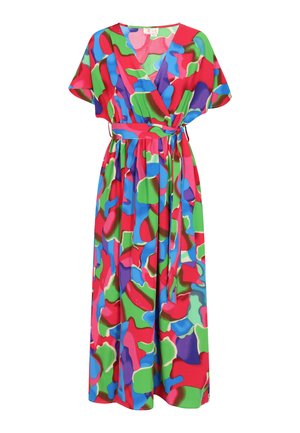 Rochie înfășurată colorată, cu un model abstract vibrant în nuanțe de roșu, verde, albastru și violet, cu mâneci scurte și o curea la talie.
