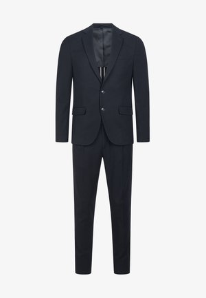 Mørkeblå jakkesæt i glat stof med en enkeltknotet blazer med to knapper, notched revers og bukser med fladt frontstykke.