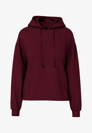 Burgundska dolga majica s kapuco z sprednjimi vrvicami, rebrastimi manšeti in ohlapnim krojem.