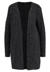 Rozpinany kardigan w ciemnoszarym kolorze, wykonany z miękkiej, teksturowanej dzianiny. Posiada długie rękawy i luźny, swobodny krój. Bez zapięć.