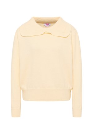 Pulover galben deschis cu un guler lat, mâneci lungi și un tiv cu model în dungi. Fabricat dintr-un material moale cu o textură netedă.