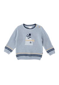 Suéter azul de punto con mangas largas, que presenta un diseño a rayas, un motivo de oso polar y botones en el hombro para facilitar el vestido.