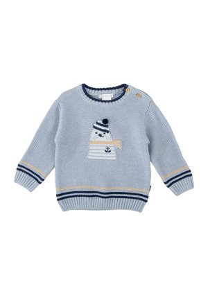 Suéter azul de punto con mangas largas, que presenta un diseño a rayas, un motivo de oso polar y botones en el hombro para facilitar el vestido.