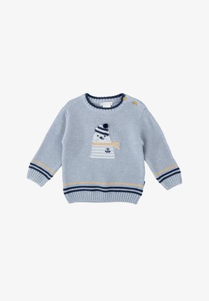 Pull en tricot bleu à manches longues, avec un design rayé, un motif d'ours polaire et des boutons à l'épaule pour un habillage facile.