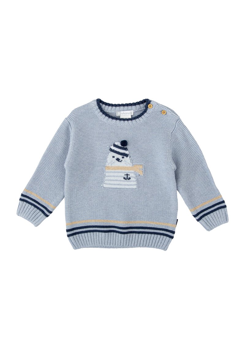 Suéter azul de punto con mangas largas, que presenta un diseño a rayas, un motivo de oso polar y botones en el hombro para facilitar el vestido.