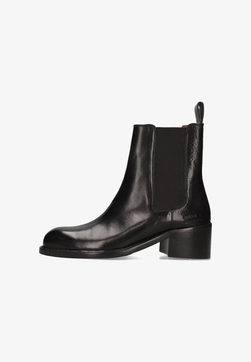 Schwarze Lederstiefelette mit elastischen Seitenpanels und einer Zuglasche. Chunky Niedrigabsatz und abgerundete Zehenform. Strukturiertes Finish mit eingeprägtem Branding.