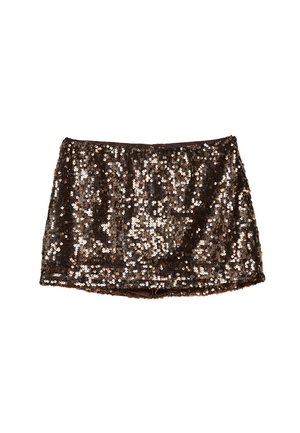 Brauner, mit Pailletten besetzter Minirock mit einem figurbetonten Bund, der ein durchgehendes Muster aus glänzenden, reflektierenden Pailletten für zusätzliche Textur und Glanz aufweist.