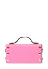 Rosa rechteckige Tasche mit einem oberen Griff, glatter Textur, goldenen Hardware-Details und abgerundeten Ecken. Verfügt über drei goldene Nieten auf jeder Seite.