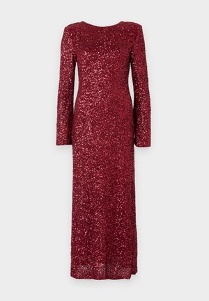 Long-sleeve red dress covered in sequins, featuring a rounded neckline and form-fitting silhouette, extending to the floor.