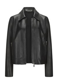 Schwarze Lederjacke mit Kragen, Frontreißverschluss und zwei Seitentaschen. Glatte Textur, strukturierte Form und lockere Passform.