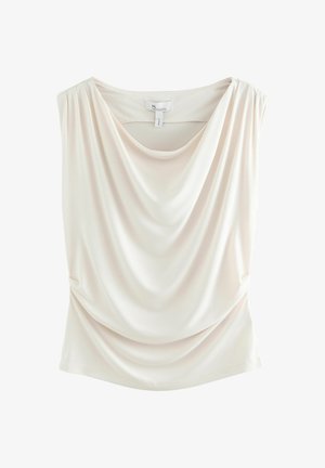 Draperet, lys beige top lavet af blødt stof med en rund halsudskæring, sidelægninger og en glat tekstur. Har en almindelig, tætsiddende silhuet.