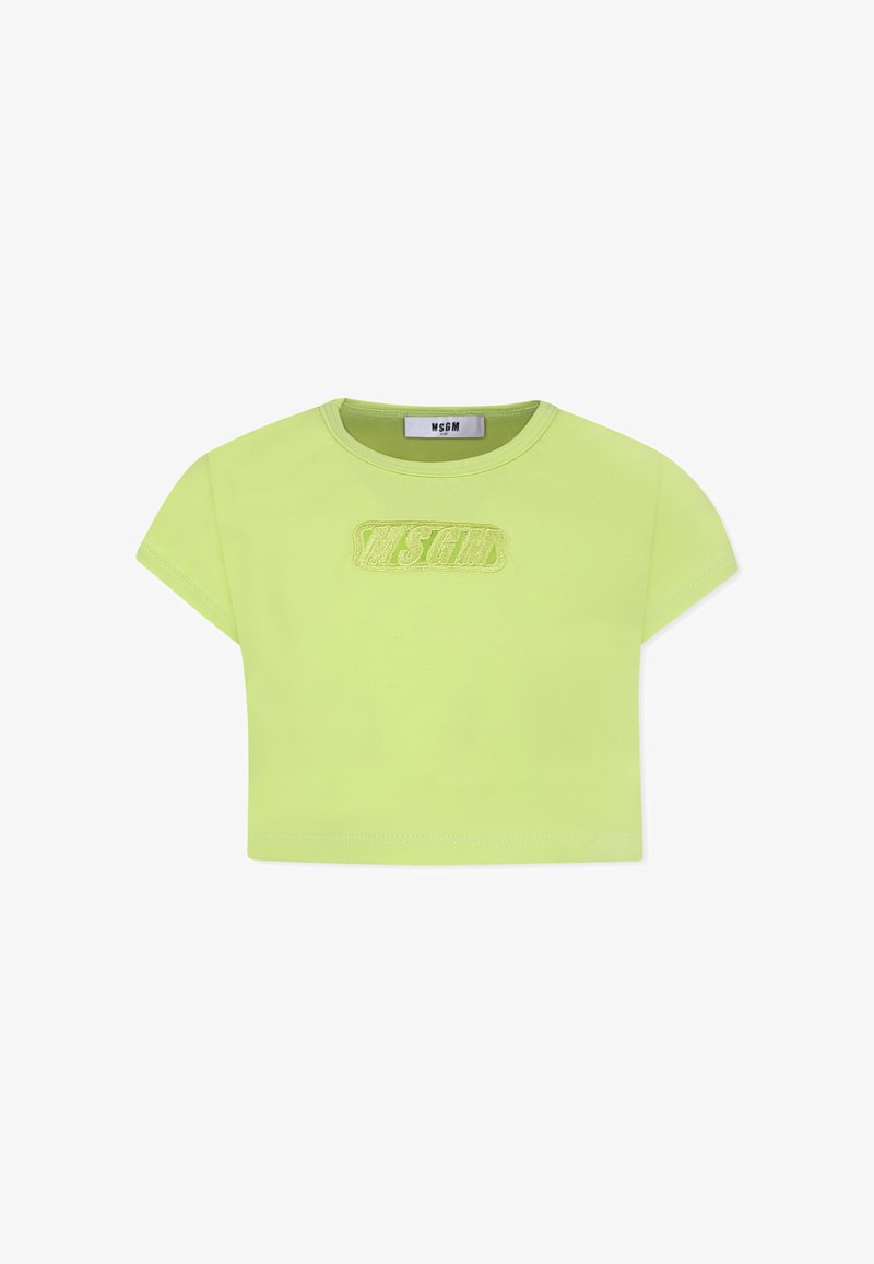 T-shirt cropped in cotone verde lime brillante, con maniche corte e logo "MSGM" ricamato sul davanti. Texture liscia, scollo rotondo.