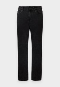 Μαύρο τζιν από denim με ίσια γραμμή, διαθέτει θηλιές για ζώνη, μπροστινές τσέπες και κλείσιμο με κουμπί. Η υφή είναι λεία με ελαφριά ελαστικότητα.