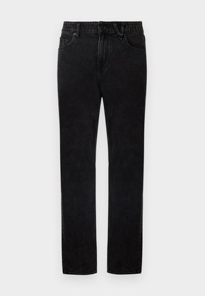 Fekete farmernadrág egyenes szabással, övbuzogányokkal, első zsebekkel és gombos rögzítéssel. A textúra sima, enyhén rugalmas.