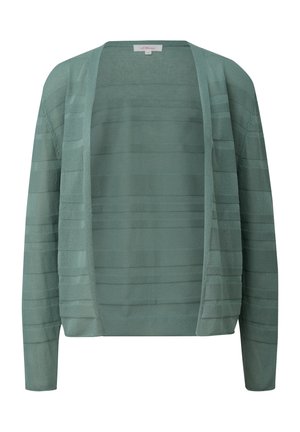 Groene gebreide cardigan met een losse pasvorm, open voorkant en een gestreept textuurpatroon. Lange mouwen met geribde manchetten, van zachte stof.