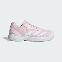 Chaussure de sport rose clair avec semelle blanche et trois bandes blanches sur le côté, dessus en mesh et lacets, présentée de profil sur un fond clair.