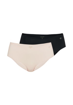 Two seamless women's briefs, one beige and one black, both with small gold brand logo and size M visible near the waistband.