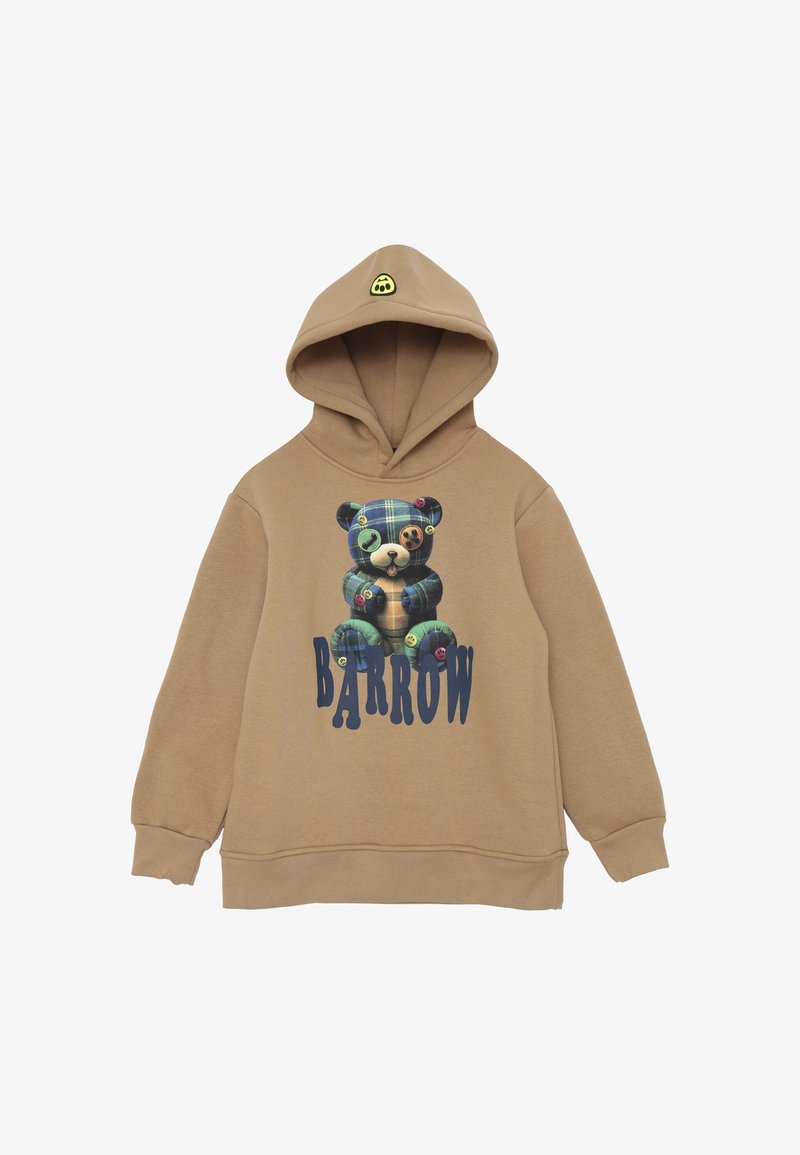 Felpa cappuccio color beige con una grafica di un peluche orsetto e la parola "BARROW" in grassetto blu. Tessuto morbido, vestibilità comoda.