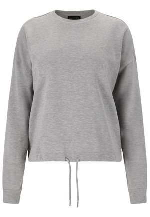 Grijze, cropped sweatshirt met lange mouwen, ronde halslijn, koordjes aan de onderkant en geribbelde manchetten. Zachte, gestructureerde stof.