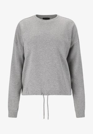 Grijze, cropped sweatshirt met lange mouwen, ronde halslijn, koordjes aan de onderkant en geribbelde manchetten. Zachte, gestructureerde stof.