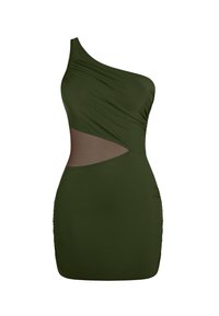 Eén-schouderjurk in donkergroen met gerimpelde textuur en een sheer bruin gaaspaneel op de taille. Strak design met details van zijverzameling.