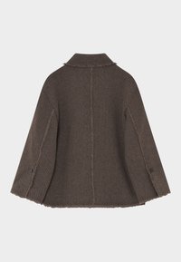 Brown, textured wool jacket with a collar, fringe detailing along the edges, and button accents on the sleeves. Back view shown.