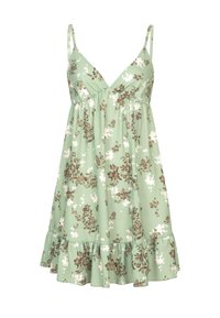 Rochie florală din țesătură verde deschis, cu decolteu adânc în formă de V, barete subțiri și un tiv evazat cu detalii din volane. Imprimeuri florale în nuanțe de maro și alb.
