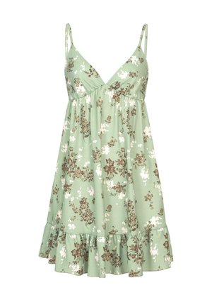 Cvečna obleka iz svetlo zelene tkanine, z globokim V-izrezom, ozkimi naramnicami in razširjenim robom z nabori. Rjave in bele cvetlične potiske.