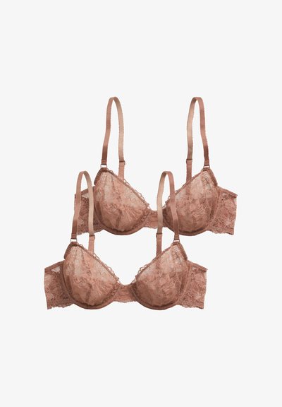 Rintaliivit vaaleanruskeaa pitsiä. Varustettu topatuilla kupeilla, säädettävillä satiininauhahihoilla ja aaltoilevilla reunoilla. Pehmeä rakenne, jossa kukkakuviointia.