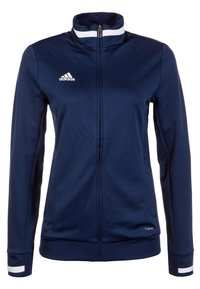 Navy blue track jacket with high collar, full zipper, and white accent stripes on shoulders and cuffs. Made from lightweight, breathable material.