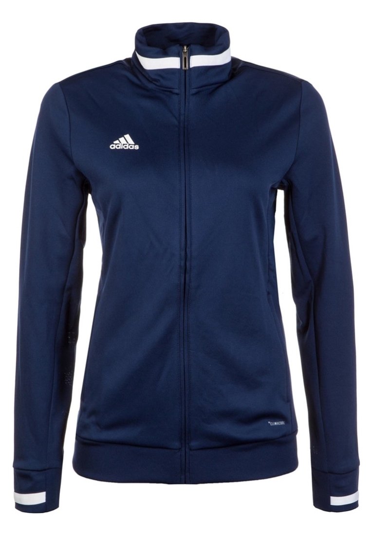 Navy blue track jacket with high collar, full zipper, and white accent stripes on shoulders and cuffs. Made from lightweight, breathable material.