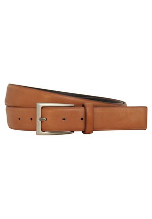 Tan leather belt with silver rectangular buckle, several adjustment holes, and a loop, coiled on a white background.