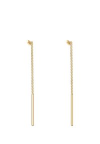 Pendientes de oro con un diseño de cadena delgada que presenta barras rectas alargadas en el extremo, creando un aspecto minimalista y elegante.