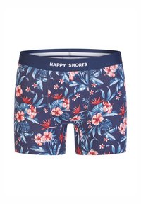 Tmavě modré boxerky s květinovým vzorem červených a modrých květin, elastický pás s nápisem "HAPPY SHORTS". Měkká textilie.