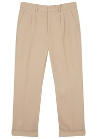 Pantalon beige sur mesure à jambe droite, avec deux poches latérales et un ourlet à revers. Le tissu a une texture lisse et présente des plis sur le devant.