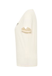 Short-sleeve, cream-colored cotton t-shirt with a round neckline and small embroidered design on the chest. Smooth texture, casual fit.