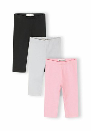 Three pairs of folded children's leggings in black, light gray, and pink, arranged vertically on a white background.