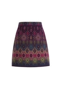 A flared skirt with a purple base, featuring a patterned gradient of floral designs in pink, green, blue, and yellow hues.