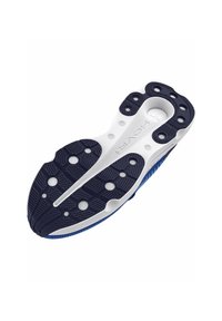 Suela de zapato con una base blanca y acentos en azul marino, patrones texturizados, agarres circulares y surcos claramente definidos para mayor tracción.