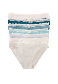 Set di sette paia di mutandine in cotone per donna in diverse tonalità di blu, teal, grigio e bianco, con rifiniture in pizzo e decorazioni con fiocchi centrali.