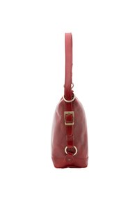 Borsa a tracolla rossa in pelle dalla forma arrotondata, con tracolla regolabile e dettagli a chiusura a fibbia. Presenta accenti in hardware dorato e una superficie liscia.