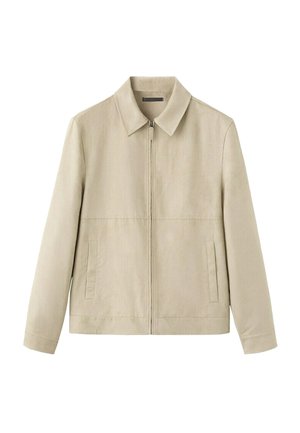 Veste beige à fermeture éclair avec col et deux poches latérales verticales, dotée de manches longues et d'un design simple et épuré.