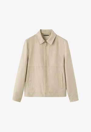 Bež jakna na patentni zatvarač s ovratnikom i dva okomita bočna džepa, s dugim rukavima i jednostavnim, čistim dizajnom.